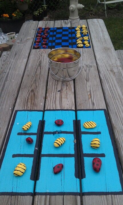 We have a small yard, so utilizing space and making the most of what we have is the goal. Painted checker board and tic tac toe on picnic table. Painted rocks like lady bugs and bumblebees for pieces. Now 2 more games for kids to play outside. Painted Picnic Tables, Kids Picnic Table, Outdoor Game, Picnic Tables, Outdoor Classroom, School Garden, Yard Games, Backyard Games, Ideas Patio