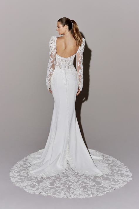 ZION: Strapless Crepe Fit and Flare Wedding Gown with Sheer Bodice Sincerity Wedding Dress, Wedding Gown Trends, Justin Alexander Bridal, Justin Alexander Signature, Bridal Alterations, Wedding Dress Silhouette, Wedding Dress With Pockets, Dress Alterations, Justin Alexander