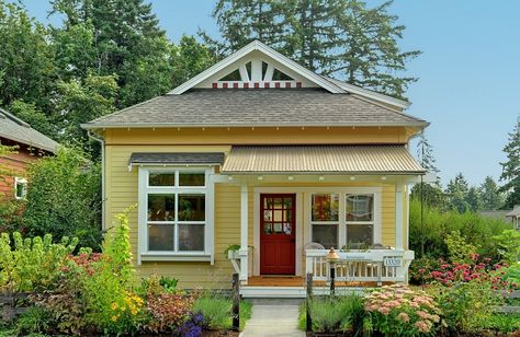 This article transformed my way of thinking about raising my family in a small home, I wouldn't have it any other way!  Five reasons why I love raising my family in a small home! Small House Exterior, Beautiful Small Homes, Red Front Door, Craftsman Cottage, Yellow Cottage, Yellow House, Craftsman Style Home, Casa Exterior, Yellow Houses