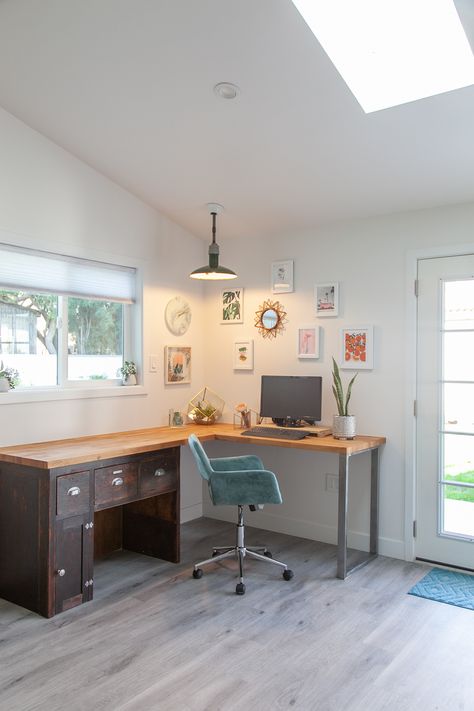 A rickety garage was converted into a beautiful space that includes a home office our client can work from home in.  #homeoffice #garageconversion #convertedgarage #workathome Converted Garage To Office, Home Office In Garage Ideas, Garage Makeover Office, Converting Garage Into Office, Converted Garage Office, Garage Converted To Office, Home Office In Garage, Office In Garage Ideas, Garage Into Office Space