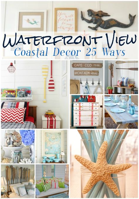 25 ways to go coastal with a waterfront view. Decorating with coastal pillows, art work, lanterns, flowers and coral. Create a coastal theme room. Costal Farmhouse, Coastal Office, Beachy Accessories, Beach Farmhouse, Coastal Ideas, Beachy Stuff, Coastal Diy, Beach Bathroom, Beachy Crafts