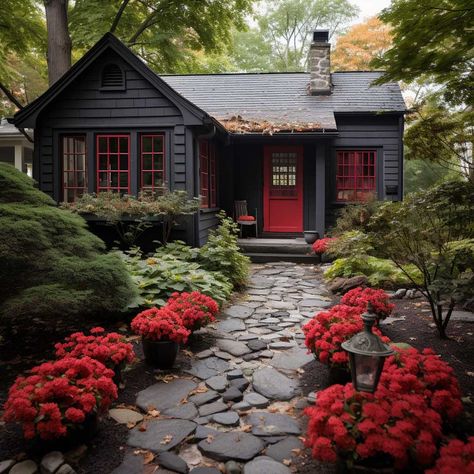 10+ Bold Exterior House Paint Ideas for a Striking First Impression • 333+ Images • [ArtFacade] Black House With Red Door, Exterior Colors For Small Houses, Dark House Colors, Burgundy House Exterior, Unique House Colors Exterior, Red And Black House, Red Exterior House Colors, Cabin Exterior Color Schemes, Exterior House Paint Ideas