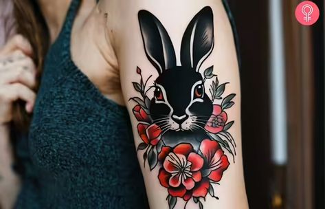 8 Adorable Rabbit Tattoo Designs With Meanings Year Of Rabbit Tattoo, Rabbit Tattoo Neotraditional, Rabbit Head Tattoo, American Traditional Rabbit, Year Of The Rabbit Tattoo, Traditional Tattoo Rabbit, Traditional Rabbit Tattoo, Black Rabbit Tattoo, Rabbit Tattoo Ideas