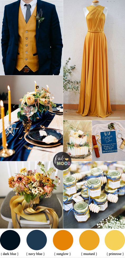 Beautiful fall color combinations of Mustard and Navy blue Color Combos { Primrose Yellow + Sunglow Yellow Pantone 2018 } #color #pantone #yellow #mustard #fallwedding #autumn #autumnwedding wedding Mustard Yellow Wedding, Fall Color Combinations, Blue Yellow Weddings, Mustard Wedding, Yellow Wedding Colors, Spring Wedding Outfit, Yellow Pantone, Primrose Yellow, Yellow Wedding Theme