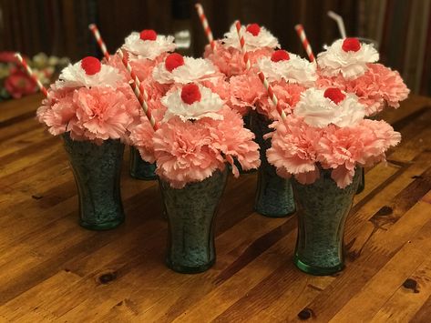 50s Sock Hop/Diner Milkshake Party centerpieces 50 Themed Party 1950s, 50 Theme Party Ideas 50s Diner, 50s Sock Hop Party Table Ideas, 1950s Party Centerpieces, 1950 Themed Birthday Party 50s Diner, 50 Sock Hop Party Ideas, Sock Hop Centerpieces Table Decorations, 50s Dance Party Decor, 50s Diner Centerpieces