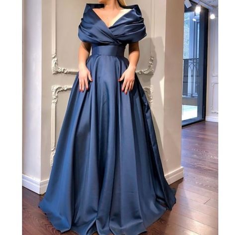 Satin V-neck Banquet Dress, Satin V-neck Evening Dress For Banquet, Banquet Satin V-neck Evening Dress, V-neck Gown For Prom, Blue V-neck Dress For Banquet, V-neck Satin Dress For Banquet, Satin V-neck Dress For Banquet, Long V-neck Dress For Wedding, Blue Satin V-neck Gown