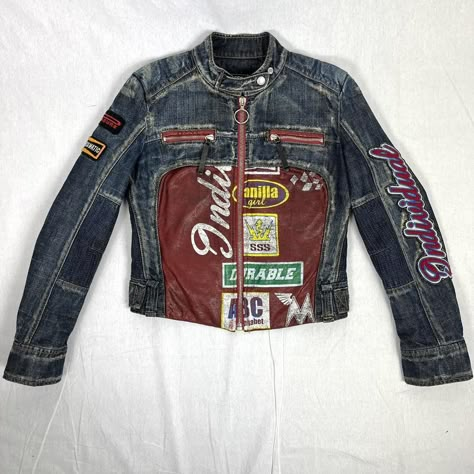 👽 Miss Sixty denim / faux leather biker motocross... - Depop Moto Denim Jacket, Vintage Miss Sixty, Denim Moto Jacket, Miss Sixty 90s, Y2k Denim Jacket, Biker Core, Motocross Jacket, Aesthetic Vintage Outfits, Denim Biker Jacket