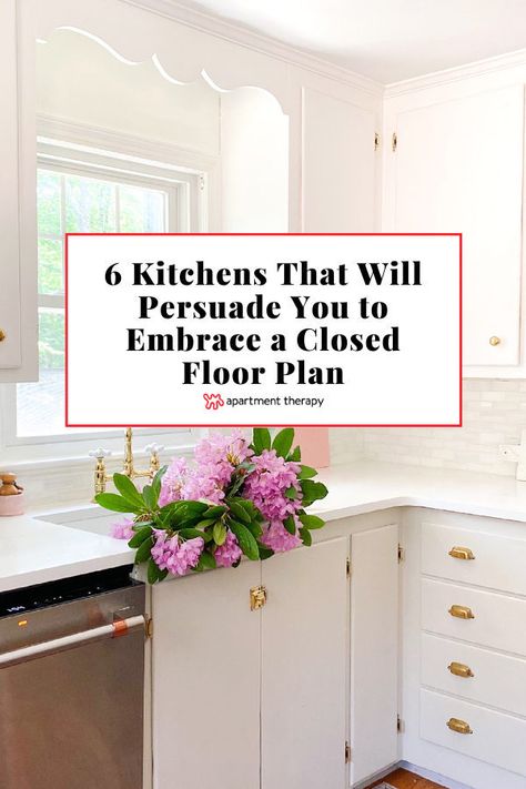 Open A Closed Kitchen, Kitchen With Many Doorways, Kitchen Not Open Concept, Small Closed Kitchen Remodel, Small Kitchen Closed Concept, Walk Through Kitchen With Island, Closed In Kitchen Ideas, Closed Off Kitchen Ideas, Closed Plan Kitchen Design