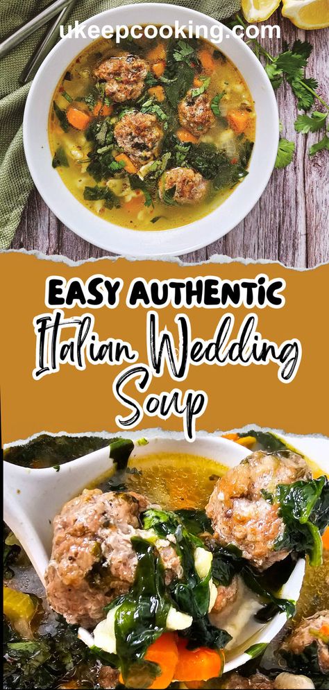 Easy Authentic Italian Wedding Soup is a comforting and healthy dish made with tender meatballs and fresh veggies. This classic Italian soup can be made in the crockpot or Instant Pot for a simple, flavorful meal. Perfect for cozy family dinners! Healthy Wedding Soup, Authentic Italian Wedding, Italian Wedding Soup Authentic, Italian Meatball Soup, Healthy Meatballs, Tiny Pasta, Italian Wedding Soup Recipe, Healthy Italian, Wedding Soup