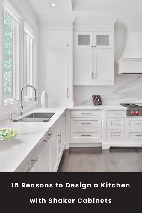 Modern White Shaker Kitchen Cabinets, Shaker Study Cabinets, White Shaker Kitchen Cabinets Silver Hardware, White Shaker Kitchen Island, Modern Kitchen With Shaker Cabinets, Kitchen Cabinet Shaker Style, Shrock Cabinets Kitchen, White Shaker Door Kitchen, Shaker White Kitchen Cabinets