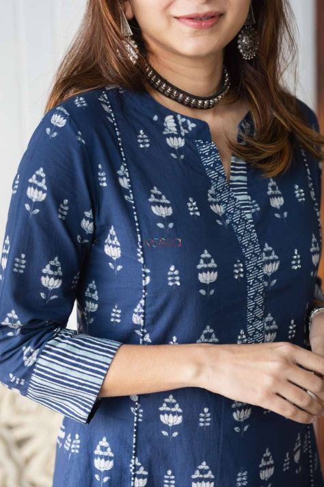 Indigo Salwar Designs, Indigo Salwar Suit, Indigo Churidar Design, Cotton Kurta Neck Pattern, Neck Design For Cotton Suits, Indigo Suit Design, Indigo Kurta Set, Indigo Block Print Kurti Designs, Printed Kurta Patterns Latest