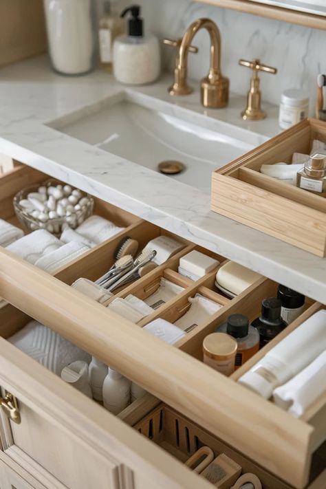 How To Organize A Deep Bathroom Drawer: Efficient Storage Tricks Toiletry Drawer Organization, Drawer Skincare Organization, Bathroom Drawer Organizers, Bathroom Drawers Organization, Bathroom Vanity Drawer Organization, Organize Bathroom Cabinet, Deep Bathroom Drawer Organization, Organizing Bathroom Countertop, Wastafel Cabinet