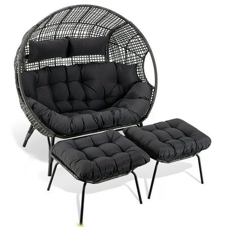 Experience the ultimate comfort with the NICESOUL Oversized Two-Person Wicker Outdoor Egg Chair with Legs and Ottoman. Designed to redefine relaxation, this chair sports a laid-back reclining feature, making your lounging sessions more enjoyable than ever. Thanks to its egg-shaped basket design, it brings a safe cozy, sofa-like feel to any space. Whether placed in your bedroom, patio, balcony, front porch, or garden, this oversized egg chair promises a comforting retreat to help you unwind. Colo Cozy Outdoor Seating, Egg Chair Outdoor, Lofts Apartments, Rattan Egg Chair, Wicker Lounge Chair, Basket Chair, Moon Chair, Chair With Footrest, Bedroom Patio