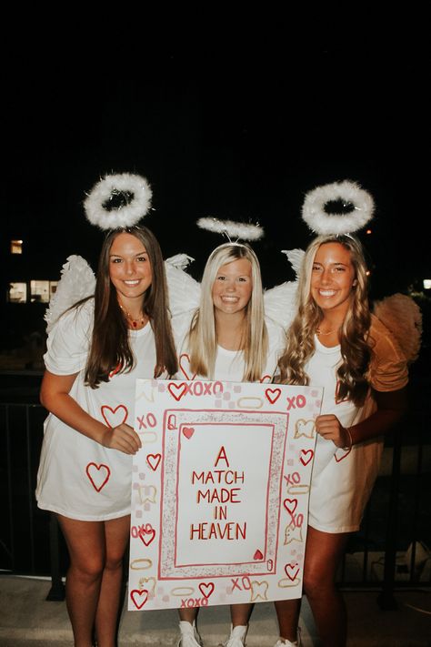 Tri delta, bid day, sorority costume, big little, angels Big Sister Reveal Ideas Sorority, Big Sis Reveal Ideas Sorority, Sorority Sister Reveal Ideas, Big Reveal Ideas Sorority, Perfect Match Big Little Reveal, Match Made In Heaven Big Little, Twin Big Little Reveal, Bug Little Themes Sorority, Big Little Shirt Ideas