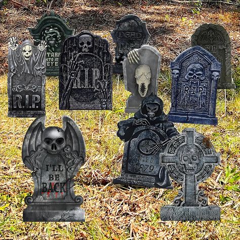 PRICES MAY VARY. 10 PCS HALLOWEEN TOMBSTONE YARD SIGNS - This outdoor Halloween decoration set has 10 gravestone signs with spooky designs such as "RIP", "THE DEAD WILL RISE", and "STARE INTO MY EYES". These 10 tombstone yard signs create a chilling scene for your Halloween night. WEATHER-RESISTANT - These Halloween lawn signs are made of durable corrugated plastic with a tomb pattern. The set includes 10 waterproof yard decorations that can withstand outdoor use and bad weather without being bl Halloween Yard Stakes, Tombstone Decorations, Halloween Graveyard Decorations, Headstones Decorations, Halloween Garden Decorations, Halloween Yard Signs, Halloween Lawn, Halloween Graveyard, Halloween Tombstones