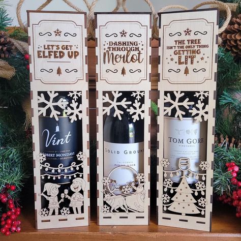 This Christmas, surprise your loved ones or colleagues with a Funny Wooden Wine Box that's sure to bring a smile to their faces.  Handcrafted with care, this unique wine caddy is made from high-quality wood and features laser-engraved designs that add a touch of humor and holiday cheer. Perfect as a corporate gift or a thoughtful present for a housewarming, this wine box is both practical and charming.  It's designed to securely hold a bottle of their favorite wine, making it an ideal gift for a Wine Lover Christmas Gift, Wine Box Crafts, Wine Gift Box Ideas, Christmas Gifts For Wine Lovers, Laser Gifts, Laser Crafts, Wine Gift Box, Laser Vision, Wine Christmas Gifts