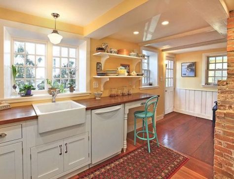 Cottage Walls Baking Counter, Yellow Kitchen Inspiration, Ikea Farmhouse Sink, Baking Area, Yellow Kitchen Designs, Ikea Farmhouse, Kitchen Yellow, Kitchen Traditional, White Appliances