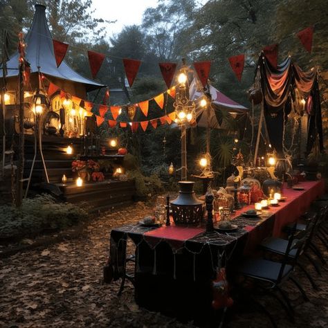 13 Creative Halloween Party Ideas • The Nook on 32 Halloween Themed Night In, Witchlight Carnival Aesthetic, Dark Circus Theme Party, Abandoned Carnival Aesthetic, Medieval Circus Aesthetic, Vintage Halloween Carnival, Victorian Carnival Aesthetic, Medieval Halloween Party, 1800s Carnival