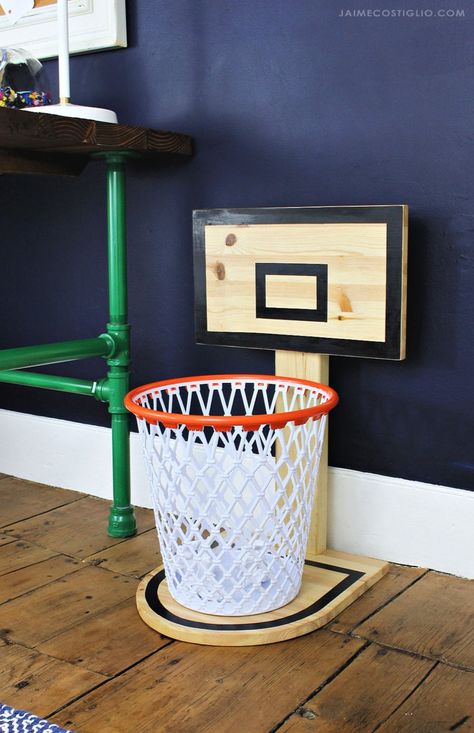 Diy Basketball Hoop, Basketball Themed Bedroom, Diy Basketball, Basketball Bedroom, Basketball Room, Basketball Backboard, Sport Bedroom, Make Clean, Can Holder