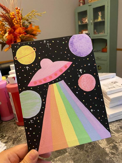 Disney Canvas Paintings, Diy Canvas Art Easy, Rainbow Drawing, Space Drawings, Posca Art, Rainbow Painting, Space Painting, Simple Canvas Paintings, Cute Canvas Paintings