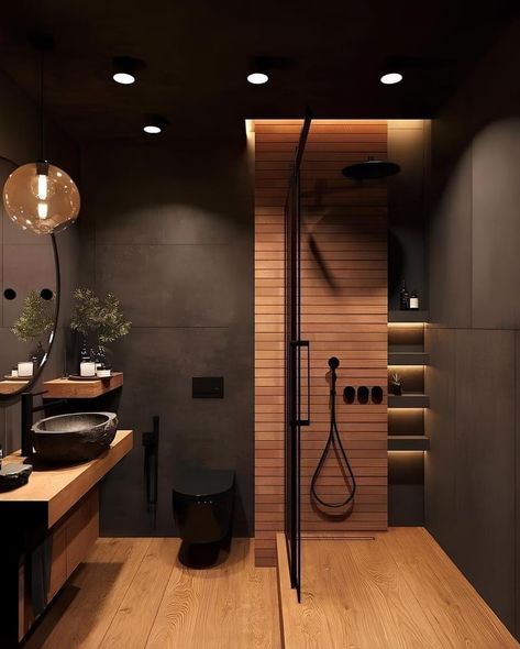 Black Bathroom With Wood, Black Washroom, Bathroom Interior Design Luxury Modern, Masculine Bathroom Design, Toilet Design Modern, Bathroom Interior Design Luxury, Wood Floor Bathroom, Small Toilet Room, Modern Bathroom Interior