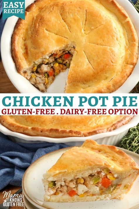 An easy recipe for gluten-free chicken pot pie. The classic double crust pot pie filled with chicken, vegetables, and a creamy sauce. This gluten-free chicken dinner recipe also has a dairy-free option. Gluten Free Pot Pie, Dairy Free Chicken Pot Pie, Mama Knows Gluten Free, Gluten Free Chicken Pot Pie, Pillsbury Gluten Free, Chicken Pot Pie Filling, Homemade Chicken Pot Pie, Gluten Free Main Dishes, Gluten Free Pie