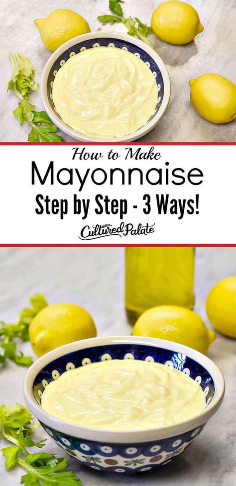 My Homemade Mayonnaise Recipe is easy to make! Learn how to make mayonnaise with 3 methods. #myculturedpalate #mayonnaise #recipe #recipevideo #homemademayonnaise #gaps #keto Healthy Sauce Recipes, Make Mayonnaise, Healthy Dressing Recipes, Homemade Mayonnaise Recipe, Blender Food, Lemon Juice Uses, How To Make Mayonnaise, Homemade Coleslaw, Mayonnaise Recipe