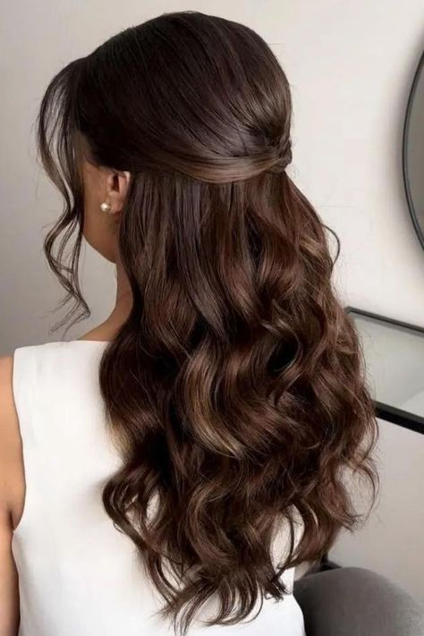 Elegant Half-Up Wavy Hairstyle For Long Hair Bridal Hair For Medium Length Half Up, Half Up Half Down Curly Bridal Hair, Hollywood Glam Bridesmaid Hair, Bridal Hair Down Brown, Wedding Hair For Off Shoulder Dress, Soft Curls Half Up Half Down, Wedding Rehearsal Hairstyles, Medium Length Hair Styles Formal, Simple Wedding Hair Medium Length