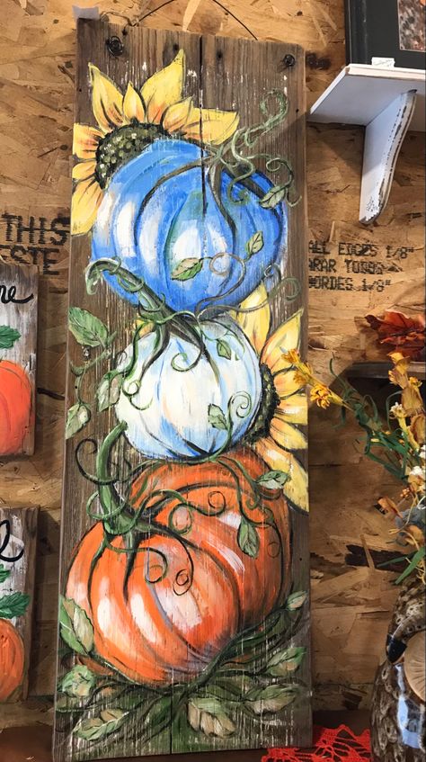 Barnwood Art, Pumpkin Canvas Painting, Scarecrow Painting, Fall Pumpkins Painting, Pumpkins Art, Pumpkin Paintings, Barn Wood Art, Pumpkin Paint, Paint Halloween