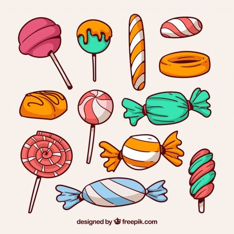 Colorful candies collection in hand drawn style Free Vector Candy City, Candy Illustration, Chocolate Drawing, Cartoon Candy, Candy Drawing, Candy Images, Booster Club, Candy Poster, 귀여운 음식 그림