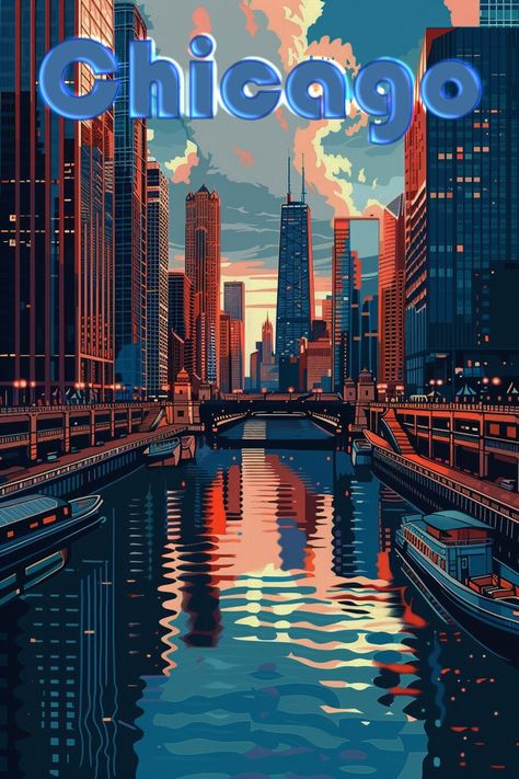 A wonderful Chicago Travel Poster a wonderful gift for any city lover. Download available immediately after purchase. Thanks for your business City Poster Design, Chicago Graphic Design, Chicago Art Print, Chicago Cityscape, Chicago Lake, Wall Art Cool, City Posters Design, Chicago Wall Art, Chicago Poster