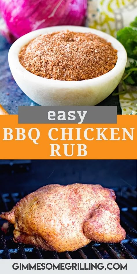 Delicious Homemade BBQ Chicken Rub featuring a mix of sugar, salt, chili powder, smoked paprika, garlic powder, onion powder and ground oregano for a flavorful homemade spice rub! It's perfect for your grilled chicken or smoked chicken. Rub it on your chicken legs, whole chicken, chicken breasts and more to give it the best flavor ever. #chicken #rub Simple Bbq Chicken, Chicken Rubs, Bbq Chicken Rub, Chicken Rub Recipes, Smoked Chicken Thighs, Bbq Rub Recipe, Easy Bbq Chicken, Chicken Rub, Dry Rub Recipes