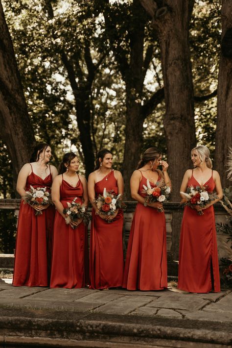 Rustic Burnt Orange Fall Wedding Aesthetic bridesmaid burnt orange dresses Orange Red Bridesmaid Dresses, Fall Red Bridesmaid Dresses, Dark Teal Bridesmaid Dresses Fall, Red Orange Bridesmaid Dresses, Aesthetic Bridesmaid Dresses, Sunset Bridesmaid Dresses, Burnt Orange Fall Wedding, Red Fall Dress, Burnt Orange Bridesmaid Dress