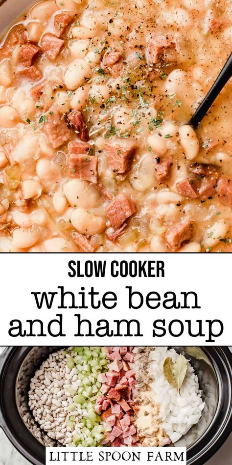 Slow Cooker White Beans, Ham Soup Crockpot, White Bean And Ham Soup, White Bean And Ham, Crockpot Ham And Beans, Bean And Ham Soup, White Beans And Ham, Beans And Ham, Beans In Crockpot