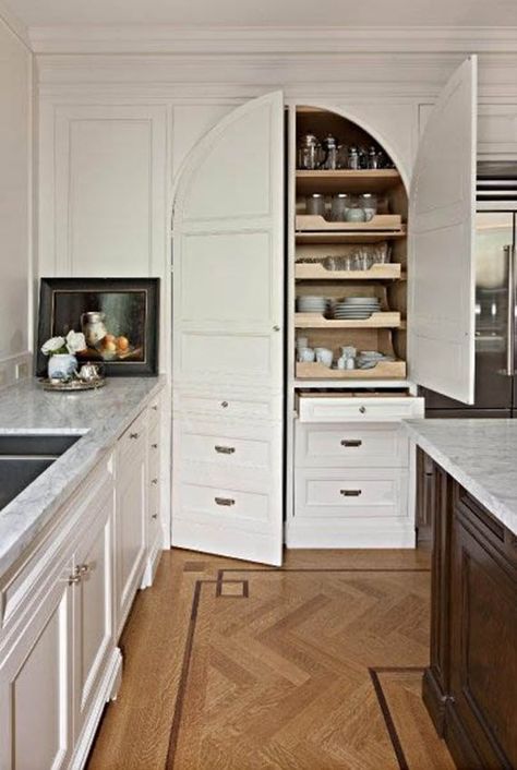 Arched Pantry Doors | Kitchen Interior Design | Organization And Storage Hidden Pantry, Interior Dapur, Kabinet Dapur, Diy Budget, Kitchen Pantry Cabinets, Classic Kitchen, Kitchen Cabinet Storage, Transitional Kitchen, Counter Tops