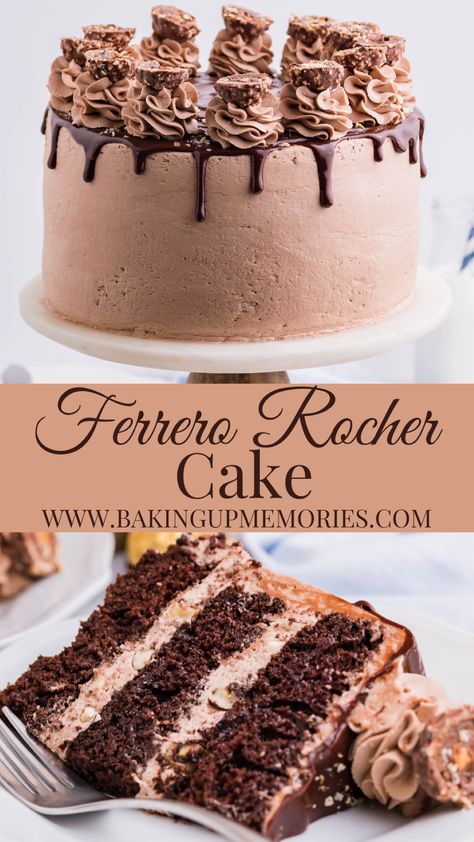 Three Chocolate Cake, Ferrero Rocher Cake Recipe, Ferrero Rocher Torte, Ferrero Rocher Candy, Rocher Torte, Chocolate Cake Layers, Rocher Cake, Ferrero Rocher Cake, Chocolate Hazelnut Cake