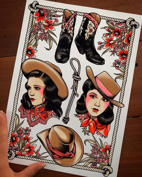 Cowgirl tattoo flash sheet Annie Oakley Tattoo, Cowgirl Tattoo Flash, Traditional Cowgirl Tattoo, Western Flash, Cowgirl Tattoo, Outlaw Tattoo, Western Tattoo, Queen Of Hearts Tattoo, Koe Wetzel