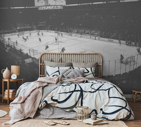 Eazywallz Hockey Inspired Bedroom, Kids Hockey Bedroom, Nhl Bedroom, Hockey Room Ideas, Hockey Room For Boys, Hockey Mural, Girls Hockey Bedroom, Hockey Bedroom For Boys, Hockey Bedroom Ideas