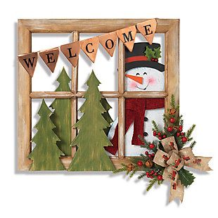 Christmas 18" Wood and Metal Window | Ashley Furniture HomeStore Painted Burlap, Wood Window Frame, Fall Market, Homemade Ideas, Window Crafts, Snowman Craft, Christmas Homemade, Wood Window, Painting Burlap