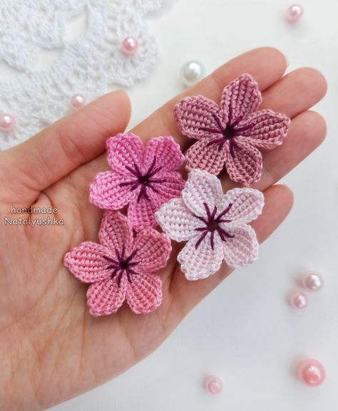 Size 1.6" (4 cm) #Patchesflowers #ArtificialCherry #Cherryblossoms #Sakuraembellishment #CrochetSakura #Springflowers Crochet Butterfly Pattern, Crochet Unique, Crochet Heart Pattern, Crocheted Flowers, Crochet Butterfly, Patterns Ideas, Crochet Flower Tutorial, Crochet Rose, Crochet Flower Patterns