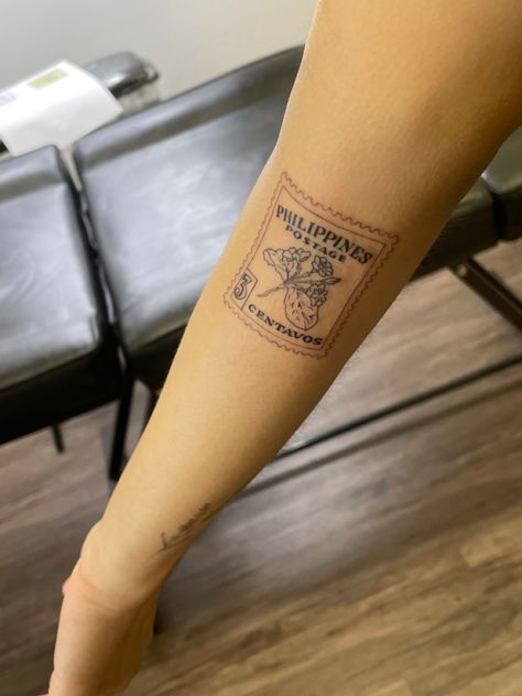 Made In Philippines Tattoo, Tattoo Ideas Philippines, Filipino Stamp Tattoo, Tokyo Stamp Tattoo, Philippines Post Stamp, Europe Trip Tattoo Ideas, Philippine Tattoo Ideas, Philippine Inspired Tattoo, Philippines Stamp Tattoo