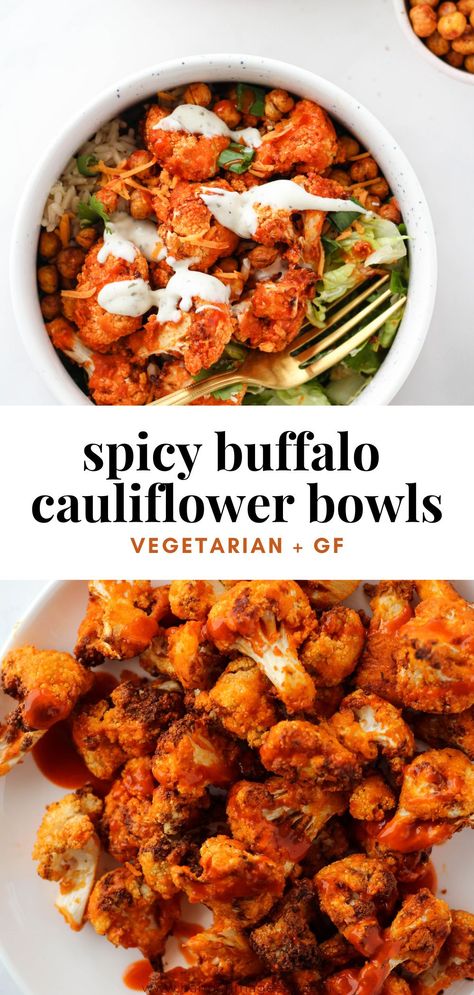 Buffalo Cauliflower And Chickpeas, Buffalo Cauliflower Meal Ideas, Cauliflower Lunch Recipes, Plant Based Recipes Cauliflower, Buffalo Cauliflower Dinner, Wfpb Cauliflower Recipes, Buffalo Vegetarian Recipes, Cauliflower Bowls Healthy, Cauliflower Lunch Ideas