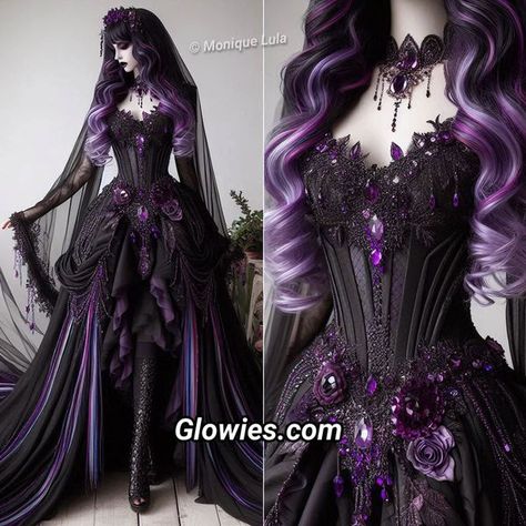 Purple And Black Fantasy Dress, Gothic Black And Purple Wedding Dress, Purple And Black Dress Gowns, Black Purple Wedding Dress, Purple And Black Gown, Dark Purple Wedding Dress, Black And Purple Wedding Dress, Purple Gothic Dress, Wedding Dresses Gothic