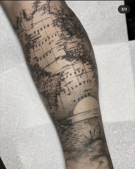 Book Map Tattoo, No Matter The Distance Tattoos, Men’s Upper Back Tattoo, World Map Tattoo Sleeve, World Map Tattoo Men, Map Sleeve Tattoo, Old Map Tattoo, World Map Tattoo Design, Map Tattoo Sleeve