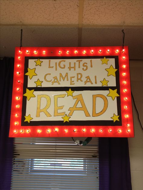 Foam board reading corner sign with lights. Sign With Lights, Hollywood Classroom, School Year Themes, School Wide Themes, Hollywood Theme Classroom, Theatre Classroom, Family Literacy Night, Red Carpet Theme, Stars Classroom