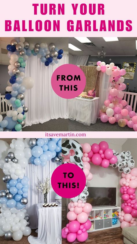 balloon garland tutorial Balloon Decorations Without Helium, Balloon Garland Tutorial, Balloon Decorations Diy Tutorials, Birthday Party Rentals, Balloon Displays, Balloon Arch Diy, Garland Tutorial, Blowing Up Balloons, Balloon Garland Diy