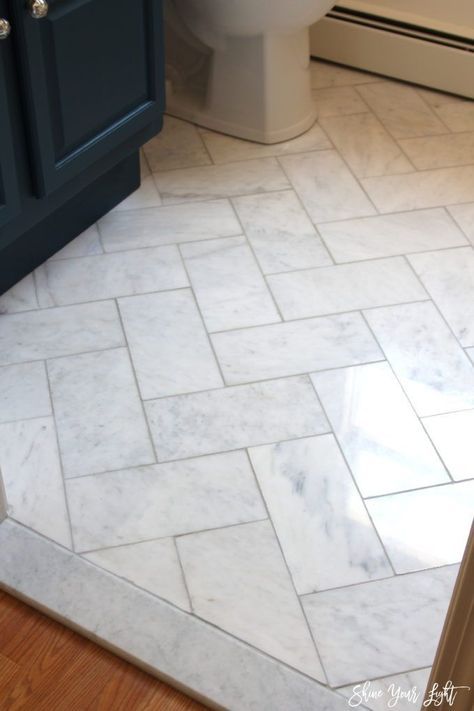 Large Herringbone Marble Tile Floor – A Great Tip To DIY It For Less! #BathroomTileideasfloordesigntrends Herringbone Marble Tile Floor, Makeover Kamar Mandi, Head Boards, Marble Tile Floor, Basement Bathroom, Upstairs Bathrooms, Bathroom Floor Tiles, Marble Bathroom, Marble Tile