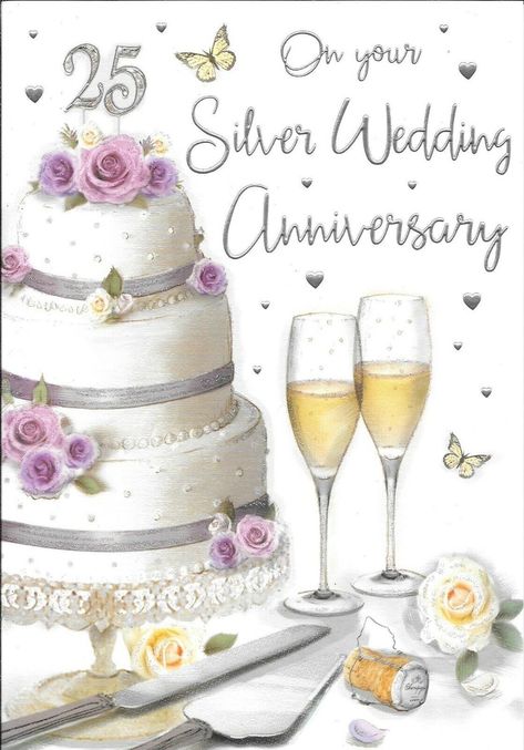 SILVER WEDDING  ANNIVERSARY Front of card reads: On your Silver Wedding Anniversary Verse inside card reads: To a very special couple Who are thought of so fondly You're devoted to each other It's time to celebrate your love 25 wonderful years have passed And happiness beyond measure So much joy that you have shared So many memories to treasure Wishing you both a very Happy Silver Wedding Anniversary CONGRATULATIONS Card measures:  23 x 15.5 cm.  9" x 6¼" Card comes with a WHITE envelope Card ha 25th Anniversary Wishes, 25th Wedding Anniversary Wishes, Anniversary Verses, Pearl Wedding Anniversary, Wedding Anniversary Greetings, Wedding Anniversary Greeting Cards, Happy 25th Anniversary, Wedding Anniversary Quotes, Pearl Anniversary