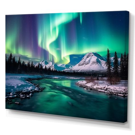 This beautiful "Northern Lights In Stunning Arctic Mountains I" Canvas Art is printed using the highest quality fade resistant ink on canvas. Every one of our Landscapes Wall art is printed on premium quality cotton canvas. Northern Lights Painting Acrylic, Arctic Mountains, Northern Lights Watercolor, Northern Lights Wall Art, Northern Lights Canvas, Lights Painting, Northern Lights Art, Cute Easy Paintings, Northern Lights Painting