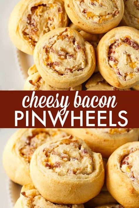 Cheesy Bacon Pinwheels - A dreamy holiday appetizer! Fluffy crescent rolls stuffed with bacon, onion, and two cheeses for a snack that's enough for a meal. Bacon Pinwheels, Breakfast Party Menu, Bacon Wraps, Pin Wheels, Bread Dishes, Muffins Recipes, Butter Brownies, Breakfast Party, Cheesy Bacon